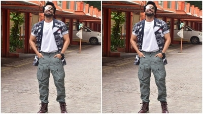 Ayushmann teamed his look with a black printed shirt and gave more casual vibes to his overall look. (HT Photos/Varinder Chawla) Ayushmann teamed his look with a black printed shirt and gave more casual vibes to his overall look. (HT Photos/Varinder Chawla)