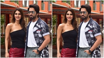 Ayushmann and Vaani posed together for the cameras. (HT Photos/Varinder Chawla) Ayushmann and Vaani posed together for the cameras. (HT Photos/Varinder Chawla)