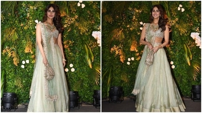 Vaani Kapoor opted for this all-white Manish Malhotra lehenga set which she teamed with jewellery from the same designer. (Varinder Chawla) Vaani Kapoor opted for this all-white Manish Malhotra lehenga set which she teamed with jewellery from the same designer. (Varinder Chawla)