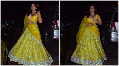 Bhumi Pednekar wore a heavy sequins yellow Manish Malhotra lehenga set which she paired with a backless blouse. (Varinder Chawla) Bhumi Pednekar wore a heavy sequins yellow Manish Malhotra lehenga set which she paired with a backless blouse. (Varinder Chawla)