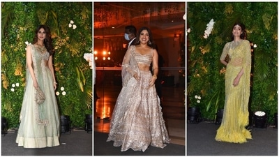 Aditya Seal and Anushka Ranjan wore pastel-coloured Manish Malhotra outfits. The bride stunned in a lavender lehenga while the groom looked dapper in a light yellow sherwani which he teamed with a white turban. Here's a list of celebs and what they wore for the grand event. (Varinder Chawla) Aditya Seal and Anushka Ranjan wore pastel-coloured Manish Malhotra outfits. The bride stunned in a lavender lehenga while the groom looked dapper in a light yellow sherwani which he teamed with a white turban. Here's a list of celebs and what they wore for the grand event. (Varinder Chawla)
