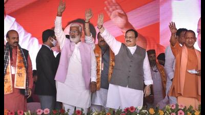 Uttar Pradesh Chief Minister Yogi Adityanath, BJP National President JP Nadda and other party leaders during ‘Booth Adhyaksh Sammelan’ in Gorakhpur, Monday, (PTI Photo) Uttar Pradesh Chief Minister Yogi Adityanath, BJP National President JP Nadda and other party leaders during ‘Booth Adhyaksh Sammelan’ in Gorakhpur, Monday, (PTI Photo)