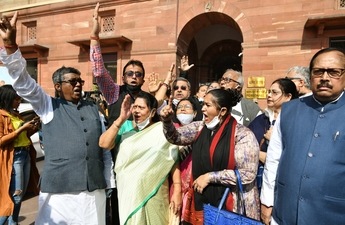 Trinamool Congress (TMC) MPs Saugata Roy, Sukhendu Sekhar Roy (R) and others ahead of meeting home minister Amit Shah, seen protesting in Parliament. (ANI Photo) Trinamool Congress (TMC) MPs Saugata Roy, Sukhendu Sekhar Roy (R) and others ahead of meeting home minister Amit Shah, seen protesting in Parliament. (ANI Photo)