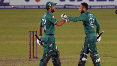 Pakistan won the third and final game by five wickets after a thrilling last over (Twitter/@ICC) Pakistan won the third and final game by five wickets after a thrilling last over (Twitter/@ICC)