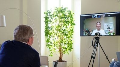 International Olympic Committee (IOC) President Thomas Bach has a virtual discussion with Chinese tennis player Peng Shuai in Lausanne, Switzerland, November 21, 2021. (via REUTERS)