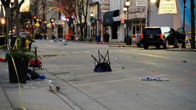 Crime scene evidence is seen on Main Street the morning after after a car plowed through a holiday parade in Waukesha, Wisconsin, U.S., November 22, 2021.&nbsp; (REUTERS)