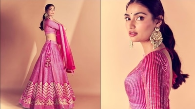 Athiya Shetty kept it minimal in a beautiful red Anita Dongre lehenga. (Instagram/@athiyashetty) Athiya Shetty kept it minimal in a beautiful red Anita Dongre lehenga. (Instagram/@athiyashetty)