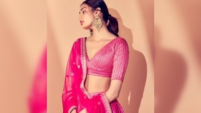Athiya Shetty teamed her look with a pair of big chandbalis and a bindi. She opted for minimal makeup and tied her hair in a low messy ponytail with a few strands framing her face. (Instagram/@elevate_promotions) Athiya Shetty teamed her look with a pair of big chandbalis and a bindi. She opted for minimal makeup and tied her hair in a low messy ponytail with a few strands framing her face. (Instagram/@elevate_promotions)