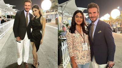 David Beckham with Mouni Roy and Mrunal Thakur.&nbsp;