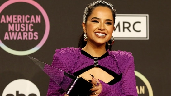 Becky G, the winner of the Favourite Female Latin Award, poses at the 2021 American Music Awards in Los Angeles. (REUTERS)