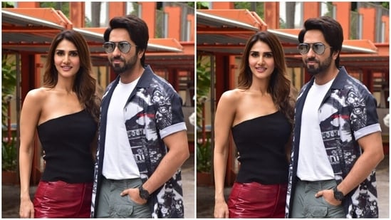Ayushmann and Vaani posed together for the cameras.(HT Photos/Varinder Chawla)
