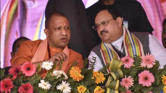 UP chief minister Yogi Adityanath with BJP president J P Nadda in Gorakhpur on Monday. (PTI)