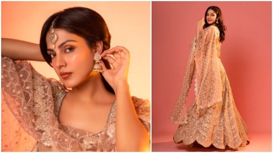 Rhea Chakraborty attended the event wearing a Izzumi Mehta embellished ivory lehenga.(Instagram/@rhea_chakraborty)