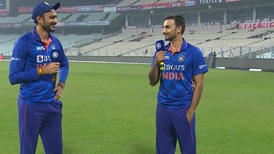 VIDEO: ‘We haven’t decided it but it looks like Patels are winning everything': Axar, Harshal engage in fun banter post India's win in IND vs NZ series(BCCI/SCREENGRAB)