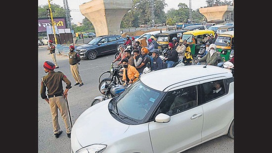 Only the vehicles of the grooms and brides were allowed to enter the marriage halls that too after thorough checking by the police due to a Congress rally in Ludhiana. (Gurpreet Singh/HT)