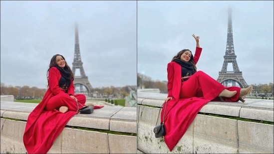 Enjoying a somewhat second honeymoon with her hubby Rohanpreet Singh, Neha shared a slew of pictures from Paris that featured her donning a sizzling black bralette top teamed with a pair of red wide-legged pants.(Instagram/nehakakkar)