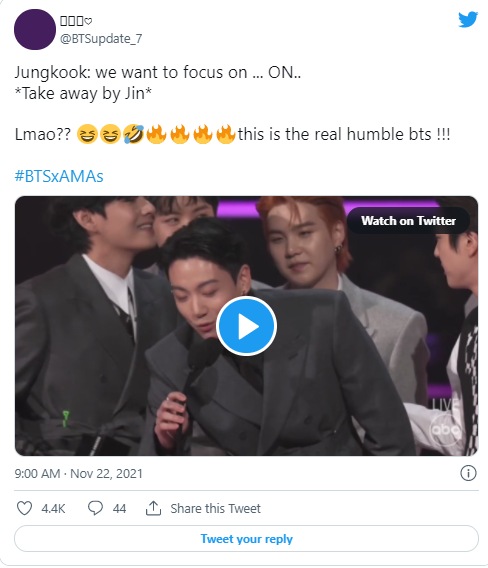 BTS fans react to Jin and Jungkook at AMAs 2021.&nbsp;