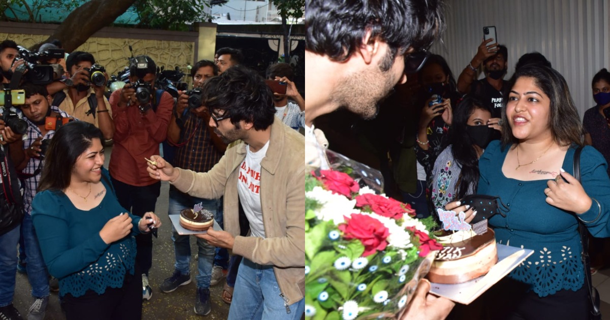 Kartik Aaryan with a fan who tattooed his name and date of birth. (Varinder Chawla) Kartik Aaryan with a fan who tattooed his name and date of birth. (Varinder Chawla)