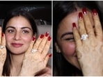 Shraddha Arya shows her henna-decorated hands and engagement ring. Shraddha Arya shows her henna-decorated hands and engagement ring.