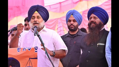 Shiromani Akali Dal president Sukhbir Singh Badal addressing a rally at Chabbewal in Punjab’s Hoshiarpur district on Tuesday. Photo (Harpreet Kaur/HT)