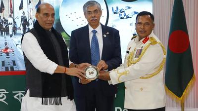 Defence minister Rajnath Singh and high commissioner of Bangladesh to India Muhammad Imran during the Bangladesh Armed Forces Day event at the Bangladesh High Commission in New Delhi on Monday. (ANI Photo) Defence minister Rajnath Singh and high commissioner of Bangladesh to India Muhammad Imran during the Bangladesh Armed Forces Day event at the Bangladesh High Commission in New Delhi on Monday. (ANI Photo)
