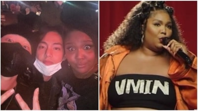 Lizzo with BTS members Jimin and V. Lizzo with BTS members Jimin and V.
