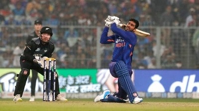 India's Venkatesh Iyer watches the ball after playing a shot during the third Twenty20 cricket match between India and New Zealand in Kolkata, India, Sunday, Nov. 21, 2021. (AP) India's Venkatesh Iyer watches the ball after playing a shot during the third Twenty20 cricket match between India and New Zealand in Kolkata, India, Sunday, Nov. 21, 2021. (AP)