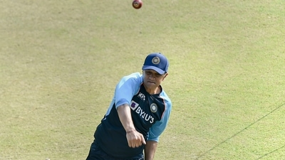 Head Coach of Team India Rahul Dravid during a practice session, ahead of their test cricket match against New Zealand scheduled on Nov. 25, in Kanpur, Tuesday, Nov. 23, 2021.&nbsp; (PTI)