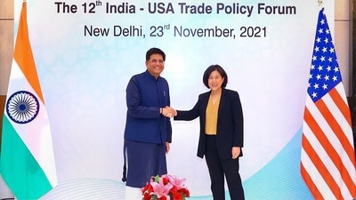 Union commerce minister Piyush Goyal with US trade representative Katherine Tai. (PTI) Union commerce minister Piyush Goyal with US trade representative Katherine Tai. (PTI)