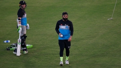 New Zealand's Ajaz Patel, center and Tom Latham attend a practice session (AP/File Photo) New Zealand's Ajaz Patel, center and Tom Latham attend a practice session (AP/File Photo)
