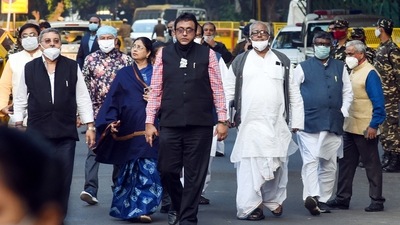 A delegation of Trinamool Congress MPs leave after meeting with Union home minister Amit Shah, in New Delhi on Monday. (ANI Photo) A delegation of Trinamool Congress MPs leave after meeting with Union home minister Amit Shah, in New Delhi on Monday. (ANI Photo)