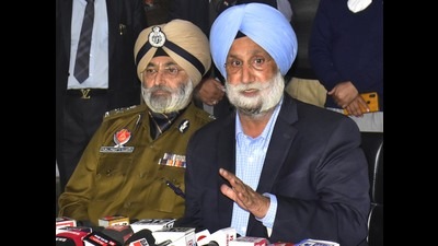 Punjab home minister Sukhjinder Singh Randhawa with Punjab Director General of Police Iqbal Preet Singh Sahota addressing a press conference in Amritsar on Tuesday. (Sameer Sehgal/HT) Punjab home minister Sukhjinder Singh Randhawa with Punjab Director General of Police Iqbal Preet Singh Sahota addressing a press conference in Amritsar on Tuesday. (Sameer Sehgal/HT)