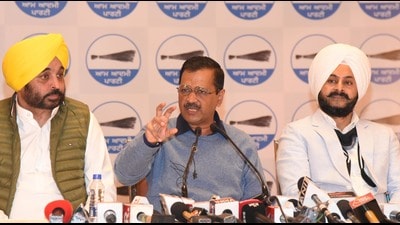 Aam Aadmi Party national convener and Delhi chief minister Arvind Kejriwal with party’s Punjab president Bhagwant Mann and state affairs in-charge Jarnail Singh during a press conference in Amritsar on Tuesday. Aam Aadmi Party national convener and Delhi chief minister Arvind Kejriwal with party’s Punjab president Bhagwant Mann and state affairs in-charge Jarnail Singh during a press conference in Amritsar on Tuesday.