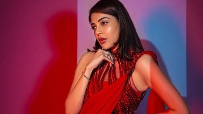 Kajal Aggarwal is the Lady In Red in statement Gaurav Gupta saree and we are obsessed Kajal Aggarwal is the Lady In Red in statement Gaurav Gupta saree and we are obsessed
