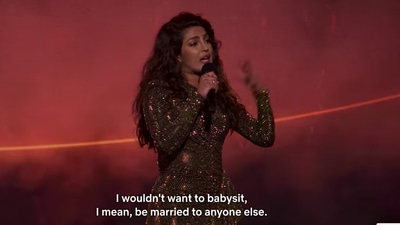 Priynaka Chopra at the Jonas Brothers Family Roast. Priynaka Chopra at the Jonas Brothers Family Roast.