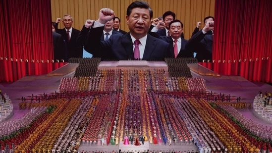 Xi Jinping leads top officials pledging their vows to the party on screen during a gala show ahead of the 100th anniversary of the founding of the Chinese Communist Party in Beijing. The PLA recently cited the example of Chinese soldiers killed during the Galwan Valley clash with Indian border personnel in 2020 to teach lessons on patriotism to schoolchildren.(AP)