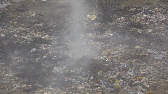 A pile of garbage set on fire near Indirapuram in Ghaziabad on Tuesday. (Sakib Ali)