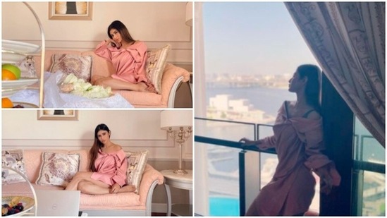 Mouni Roy is staying at the luxurious 5-star hotel Palazzo Versace, Dubai. Earlier today, the Gold actor shared a few stills of herself from her fancy hotel room wearing an oversized comfy shirt dress.(Instagram/@imouniroy)
