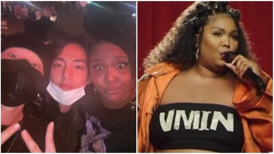 Lizzo with BTS members Jimin and V.