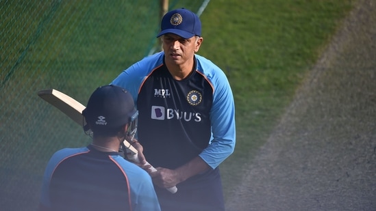 Head Coach of Team India Rahul Dravid during a practice session, ahead of their test cricket match against New Zealand scheduled on Nov. 25, in Kanpur, Tuesday, Nov. 23, 2021.&nbsp;(PTI)