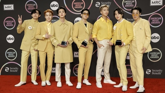 BTS members Jin, Suga, V, Jungkook, RM, Jimin, and J-Hope at the 2021 American Music Awards.(AFP)