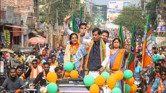 BJP candidate Dipak Majumdar during the last day of Tripura Municipal Corporation Election campaign rally in Agartala on Tuesday. (PTI)