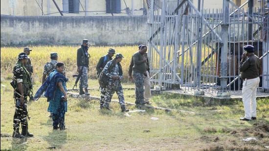 Security forces during a search operation after Panchayat Bhawan was blown up in a blast, allegedly by Maoists, in Aurangabad district on Tuesday. (PTI) Security forces during a search operation after Panchayat Bhawan was blown up in a blast, allegedly by Maoists, in Aurangabad district on Tuesday. (PTI)