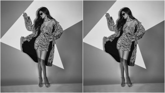 Tara's look for the shoot includes a strapless mini dress replete with black and white animal print. She shared the post on Tuesday and captioned it, "It's a [zebra] crossing #TadapDay7," joking about the print of her attire.(Instagram/@tarasutaria)