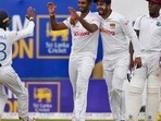 Sri Lankan bowler Lasith Embuldeniya second left, celebrates the dismissal of West Indies batsman Jermaine Blackwood with team mates during the fourth day of the first test cricket match between Sri Lanka and West Indies in Galle, Sri Lanka, Wednesday, Nov. 24, 2021. Sri Lankan bowler Lasith Embuldeniya second left, celebrates the dismissal of West Indies batsman Jermaine Blackwood with team mates during the fourth day of the first test cricket match between Sri Lanka and West Indies in Galle, Sri Lanka, Wednesday, Nov. 24, 2021.