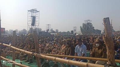 Police personnel receiving getting instructions on Wednesday for the smooth conduct of the foundation stone laying ceremony on Thursday. (Sourced) Police personnel receiving getting instructions on Wednesday for the smooth conduct of the foundation stone laying ceremony on Thursday. (Sourced)