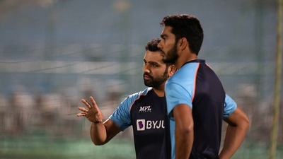 Jaipur, Nov 16 (ANI): India's Rohit Sharma and Venkatesh Iyer during a practice session ahead first T20 match against New Zealand, at Sawai Mansingh Stadium in Jaipur on Tuesday. (ANI Photo) (ANI) Jaipur, Nov 16 (ANI): India's Rohit Sharma and Venkatesh Iyer during a practice session ahead first T20 match against New Zealand, at Sawai Mansingh Stadium in Jaipur on Tuesday. (ANI Photo) (ANI)