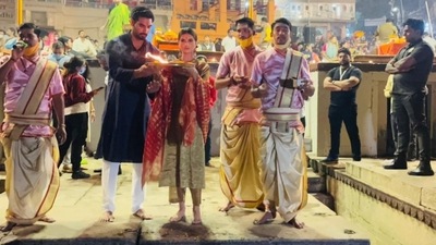 Ahan Shetty and Tara Sutaria visited Varanasi to seek blessings for their upcoming movie, Tadap. Ahan Shetty and Tara Sutaria visited Varanasi to seek blessings for their upcoming movie, Tadap.