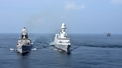 The two-day drill involved air defence, anti-submarine warfare (hunting a target with the help of a P 8 patrol aircraft) and anti-ship warfare (Emmanuel Lenain/Twitter) The two-day drill involved air defence, anti-submarine warfare (hunting a target with the help of a P 8 patrol aircraft) and anti-ship warfare (Emmanuel Lenain/Twitter)