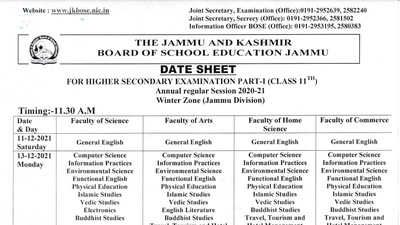 JKBOSE Class 11 exams time table: As per the schedule, exams for Class 11 is scheduled to be conducted from December 11 to January 1, 2022. (jkbose.nic.in)